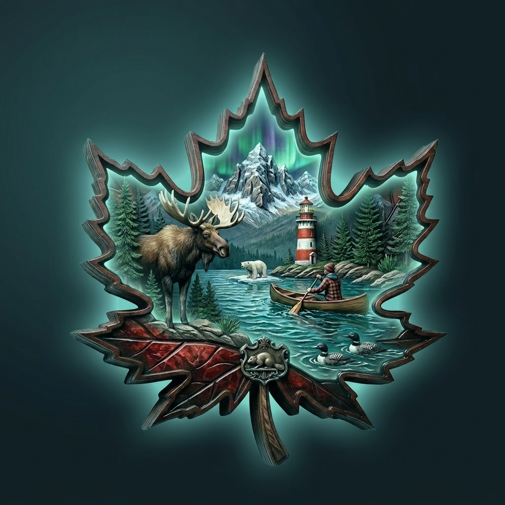 Carved maple leaf artwork featuring Canadian wilderness scenery